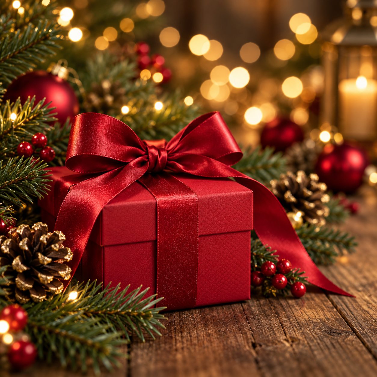 A red gift box tied with a satin bow among evergreen, pine cones and warm holiday lights